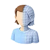 En 3D-karakterbuste af en person, hvor den ene halvdel er fuldt modelleret, og den anden halvdel viser det bagvedliggende polygon-net (wireframe)