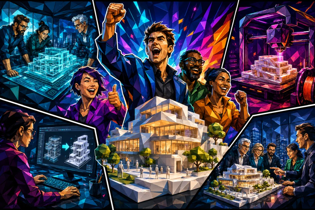 3d-print-architecture-model-bim-competition-guide Futuristic poly-faceted comic-style illustration showing architects and designers celebrating around a glowing 3D printed architecture model, with BIM workflows, digital modeling, and advanced 3D printing technology panels in a neon sci-fi environment.