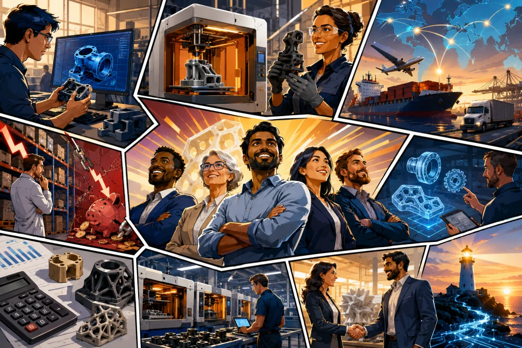 3d-print-supply-chain-industrial-production Dynamic comic-style illustration of industrial 3D printing integrated into a global supply chain, featuring diverse engineers, on-demand manufacturing, digital inventory systems, logistics, and scalable production workflows.