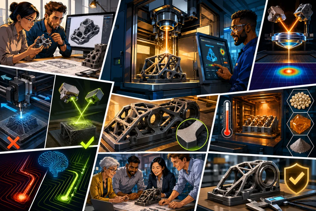 precision-industrial-3d-print Stylized comic-book illustration of industrial 3D printing precision technology, featuring galvanometer laser systems, dynamic focus optics, engineers analyzing CAD models, advanced industrial printers, and high-accuracy metal components in a futuristic manufacturing environment.