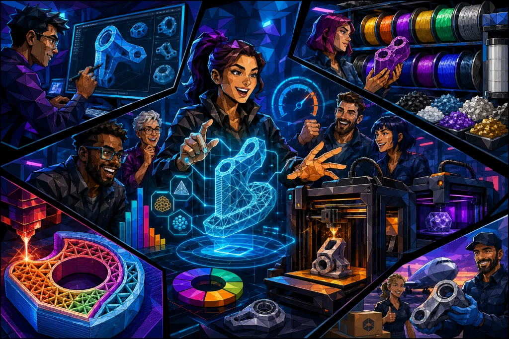 professional-3d-print-workflow-price-calculation Poly-faceted graphic novel illustration of a professional 3D print workflow with engineers, CAD design, material selection, 3D printers, quality control, and finished parts.